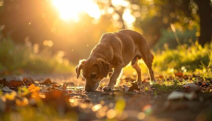 Dog Sniffing Ground in Sunny Forest Path Golden Light Brown Fur Trees Bokeh Sunlight Lens Flare Dreamy Cinematic Atmosphere
