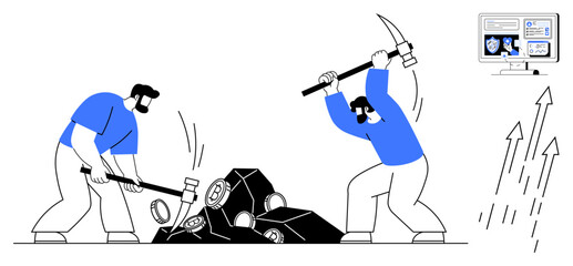 Two workers smashing rocks with hammer and pickaxe, illustrating diligence, mining, progress. Computer screen and growth arrows emphasize digital transformation. Ideal for teamwork, innovation