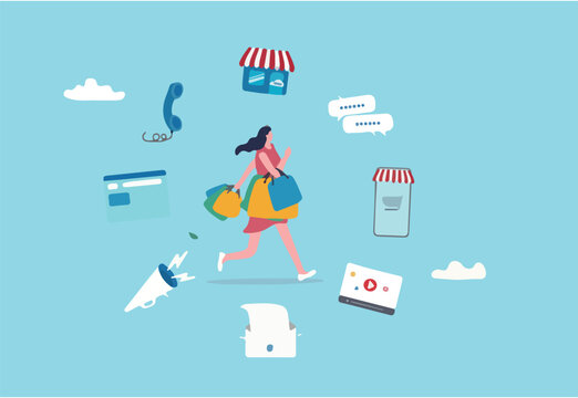 Omnichannel marketing, multi channel for customer to buy products, young woman customer with shopping bags buying from multi channel store, website, mobile and other chat and call center