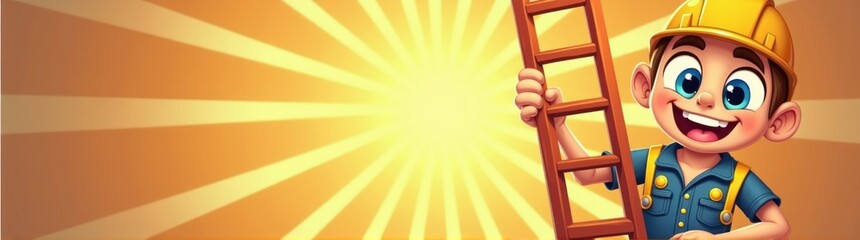 Cartoon construction worker with ladder and helmet on holding a ladder