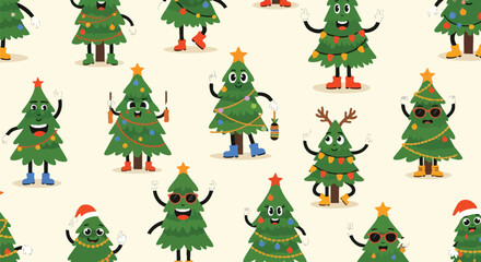 Joyful cartoon Christmas trees dancing and celebrating with festive lights and ornaments, bringing holiday cheer to any design