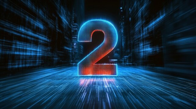Futuristic Glowing Blue Number Two on Digital Backdrop with Binary Flow and Light Effects, Tech Art
