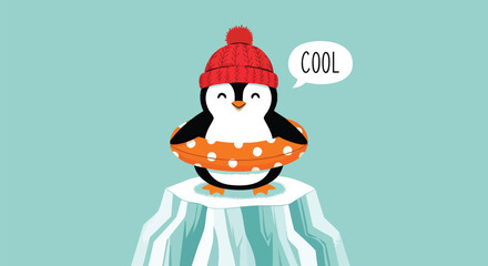 Adorable penguin wearing a red winter hat and orange inflatable ring on an iceberg, saying cool in a speech bubble, perfect for winter designs