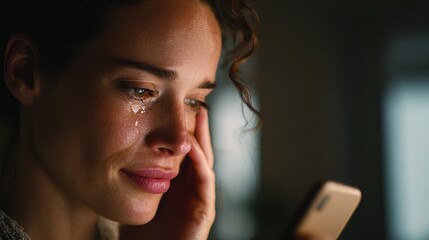 Emotional woman receiving negative comments on social media post digital space emotional expression intimate lighting close-up perspective