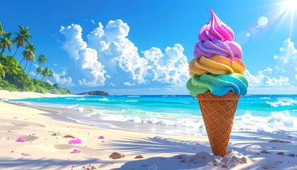 A vibrant, oversized ice cream cone with layered rainbow-colored swirls stands on a sandy beach overlooking the ocean, palm trees, and a bright blue sky