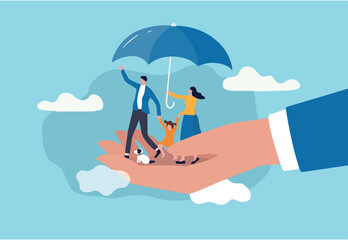 Life insurance, family protection to assure members will be financially supported and risk cover concept, lovely family with husband, wife and kids in supporting hand with umbrella cover protection.