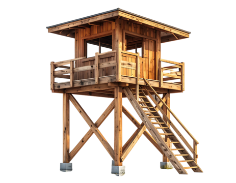 Elevated wooden structure with stairs, railings, and a small enclosed room, built on stilts