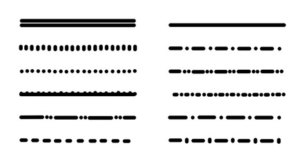 Black Line Styles: Solid, Dotted & Dashed Graphic Separators, Decorative Vector Divider Set, Isolated on transparent Background