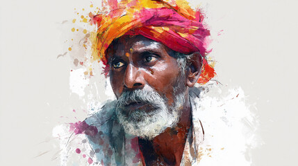 Indian elder portait water color style on white background