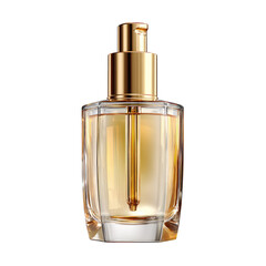 Golden amber serum bottle.  Glossy, rectangular bottle with a gold pump top.  Clear glass, amber liquid inside.  Elegant, luxurious design