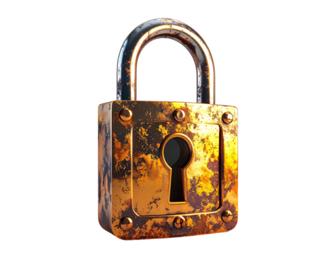 Weathered brass padlock, square body, keyhole centered, showing significant rust and discoloration, rivets visible on corners.  High-detail 3D rendering