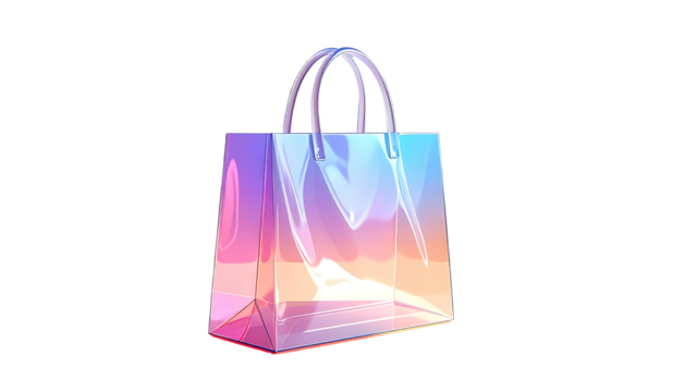 Iridescent pastel shopping bag, translucent with a curved top handle, displaying a gradient of pink, blue, and purple hues
