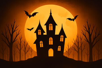 Haunted House with Full Moon, Flying Bats and Dark Forest Silhouette, Creepy Halloween Illustration for Seasonal Posters, Backgrounds, Party Branding and Holiday Creative Projects