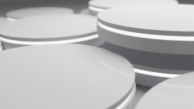 Closeup shows several round white pillshaped objects with a thin light line creating a modern minimalist feel
