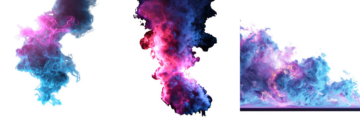 Set of Colorful smoke art in luminous blue and purple tones, billowing upward in flowing patterns, black table base on transparent png background. Ai generated