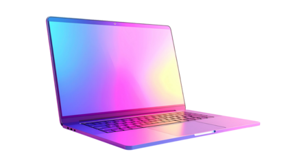 Sleek silver laptop angled left, vibrant pink-blue gradient illuminates screen, reflecting light