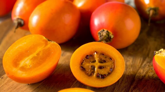 A Food Still Life of Lulo Fruit, Emphasizing the Unique Appearance and Wholesome Interior of the Healthy Tropical Fruit	