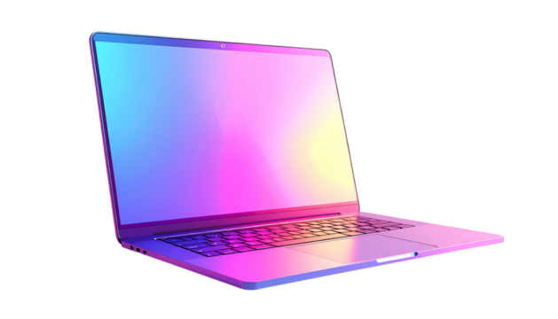 Sleek silver laptop angled left, vibrant pink-blue gradient illuminates screen, reflecting light