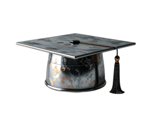 A metallic graduation cap, square top, cylindrical base, textured with gray and gold accents, black tassel