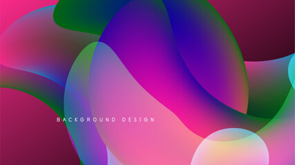 Fluid shapes overlap, creating vibrant gradients. Pink, purple, green hues dominate dark background. Modern abstract design.