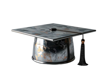 A metallic graduation cap, square top, cylindrical base, textured with gray and gold accents, black tassel