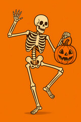 Halloween Skeleton Dancing with Pumpkin Lantern, Fun and Spooky Illustration for Party Posters, Stickers, Seasonal Branding, Holiday Decor and Playful Themed Creative Projects