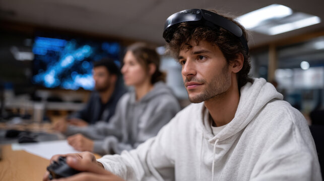 An individual intently engages in a gaming experience through augmented reality, highlighting the immersive and interactive nature of modern gaming technologies.