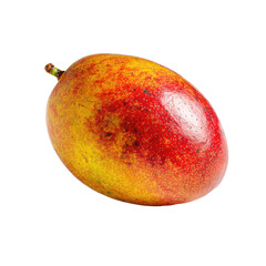 Single ripe mango, oval shape, vibrant red-orange skin with yellow highlights, stem visible