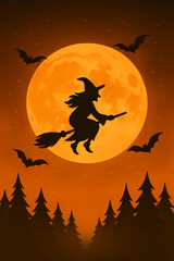 Witch Flying on a Broomstick Across the Moonlit Sky, Halloween Illustration for Seasonal Posters, Party Invitations, Stickers, Holiday Decor and Spooky Autumn Creative Projects