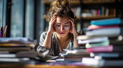 Stressed woman preparing lesson plans at home study environment high-pressure situation close-up view educational content creation