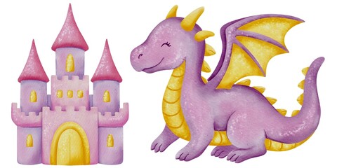 Fairy tale watercolor clipart set with princesses, fairy, unicorn, dragon, castle and festive details, perfect for kids’ creative projects.