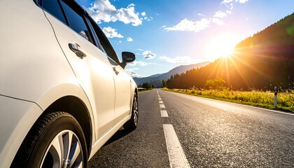 A white vehicle parked on a paved road with a view of mountains and sunshine. The sky is blue with clouds