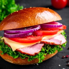 Close-up of a ham and cheese sandwich