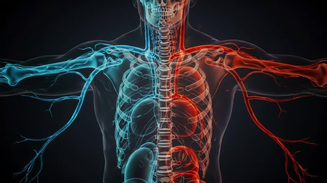 The sympathetic vs. parasympathetic systems visualized as opposing light currents &mdash; one fiery red, one calming blue &mdash; balancing within the body