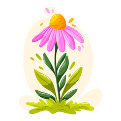 Bright pink flower with green leaves. Cartoon vector illustration for garden, nature, spring and floral design.