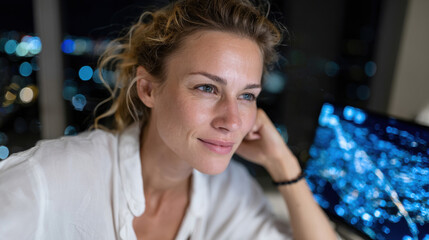 Naklejka premium A contemplative woman gazes thoughtfully while engaging with digital content in a modern workspace, showcasing innovation and the blend of technology with human creativity.