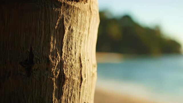 Golden Hour Glow on a Textured Palm Tree Trunk Overlooking a Serene Tropical Beach and Shimmering Ocean Waters