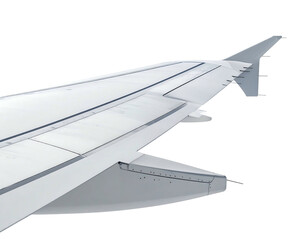 Close-up of a large, white airplane wing, showcasing its aerodynamic design, flaps, ailerons, and winglet.  Visible are numerous rivets and panel lines
