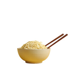 Light beige bowl filled with uncooked yellow noodles, with chopsticks resting on top