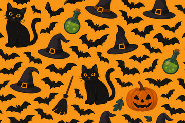 Seamless Halloween Pattern with Black Cats, Witch Hats, Magic Potions and Bats, Creepy Illustration for Seasonal Posters, Backgrounds, Stickers, Branding and Holiday Themed Creative Projects