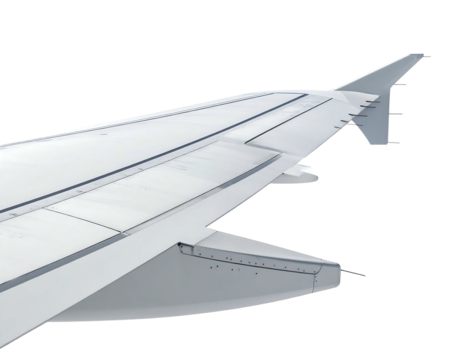 Close-up of a large, white airplane wing, showcasing its aerodynamic design, flaps, ailerons, and winglet.  Visible are numerous rivets and panel lines