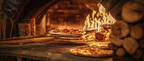 The pizza on a wooden peel in a roaring wood fired oven