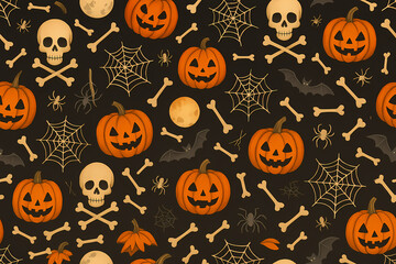 Spooky Skull and Bones Pattern with Pumpkins, Spider Webs and Full Moon, Seamless Halloween Illustration for Wrapping Paper, Party Invitations, Seasonal Branding and Dark Holiday Creative Projects