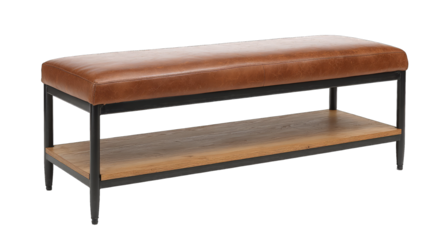 Tan leather bench with wood shelf, black metal frame