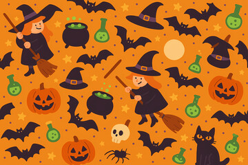 Seamless Halloween Pattern with Witches, Cauldrons, Bats and Magic Potions, Creepy Cartoon Illustration Perfect for Wrapping Paper, Seasonal Posters, Party Invitations, Stickers and Spooky Holiday 