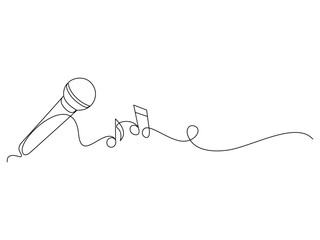Microphone with musical notation in a line art style. Illustration continuous line vector eps 10