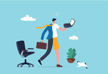 Hybrid work after covid-19 crisis, employee choice to work remotely from home or on site office for best productivity and result concept, businessman with hybrid cloth work both from home and office. 