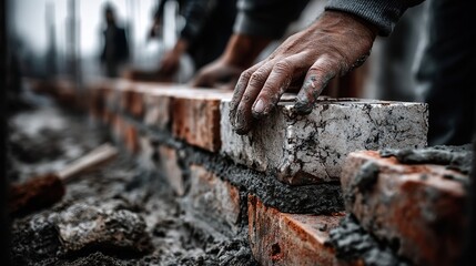 Bricklayers construct wall with precision and care. Hands expertly place bricks, building strong structure.