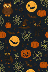 Seamless Halloween Pattern with Owls, Full Moon, Spider Webs and Pumpkins, Spooky Illustration for Wrapping Paper, Party Invitations, Seasonal Branding, Posters and Dark Holiday Creative Projects