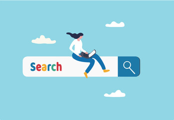 Search box, SEO search engine optimization or finding website from internet, online job or career opportunity concept, woman working with computer laptop on search box with magnifying glass button.